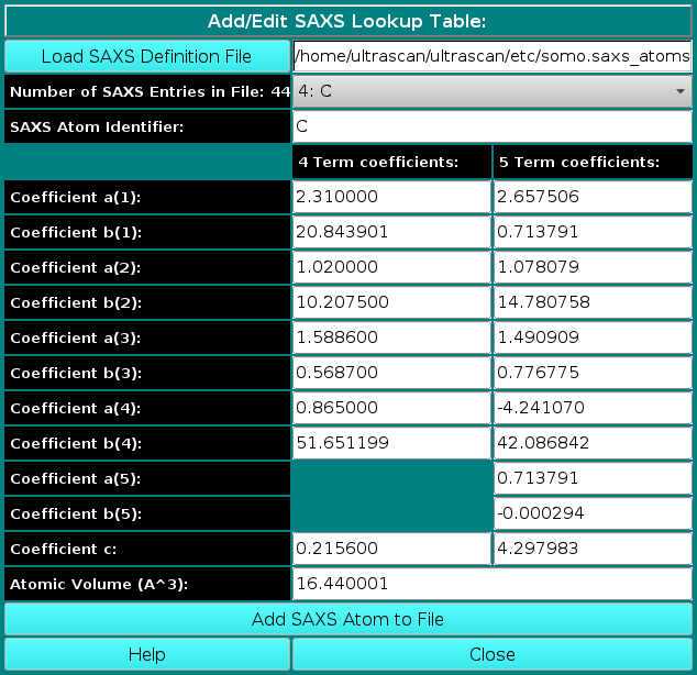 SOMO Add/Edit SAXS Coefficients Lookup Table SCREEN